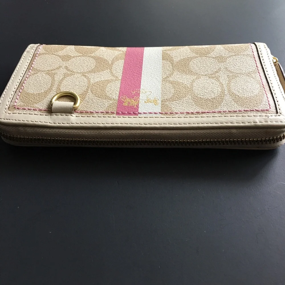 Coach Heritage Accordion Wallet Stripe Signature Tan Pink Monogram Canvas Zip - Picture 4 of 10